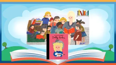 Open book with book cover of Dolly Parton