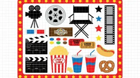 pictures of movie projector, film, chair, food