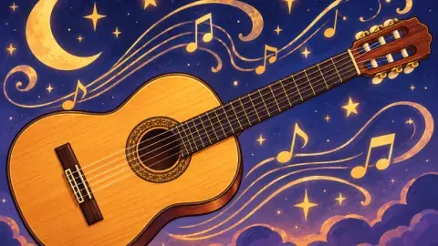 Painting of guitar with moon and stars