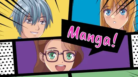 A colorful comic panel with a character saying Manga