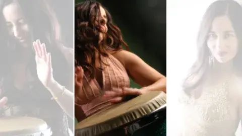 Three images of Melena Valdes from the waist up playing a hand made drum.  