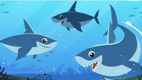 Three animated sharks in the ocean