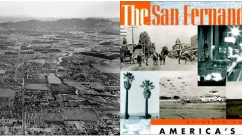 Aerial photo of San Fernando Valley alongside Kevin Roderick's book titled The San Fernando Valley