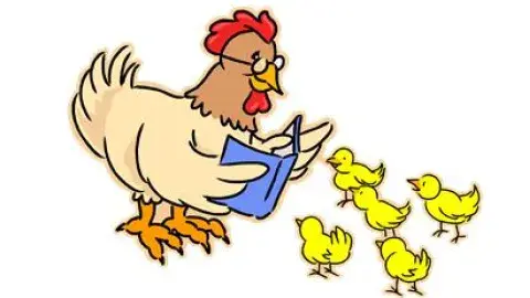 A hen reading a book to five chicks