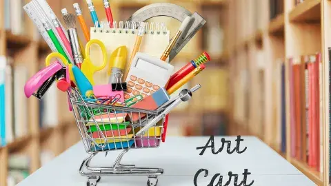 Miniature shopping cart against backdrop of bookshelves. Inside card is various craft items