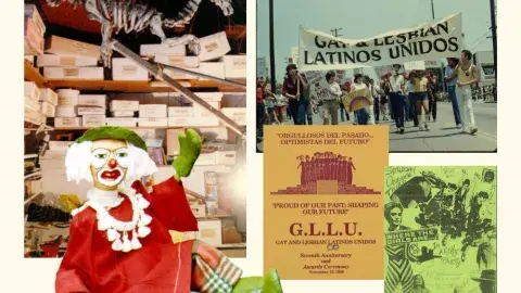 Photo collage of boxes on a shelf, a clown puppet, people marching with a banner, and flyers