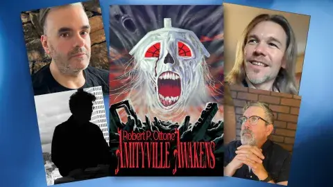 Authors Robert P.Ottone,  Eric Guignard, Erik Hanson, and Michael Cisco and the book cover for Amityville Awakens