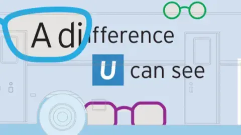Text reading "A difference U can see" & "UCLA Stein Eye Clinic Mobile Eye Clinic" with some clip art glass frames and eye charts.