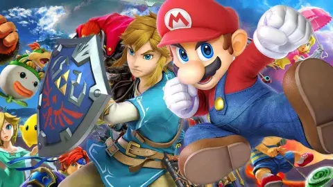 Mario and Zelda attacking mid-air, surrounded by other Nintendo characters. 