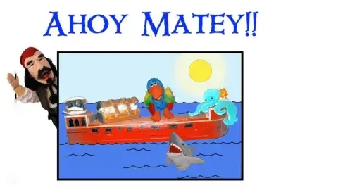 pirate and ship over water with animals