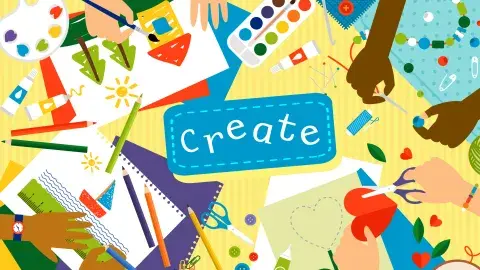 Multi-colored hands painting, coloring and measure surrounded by the word "create."