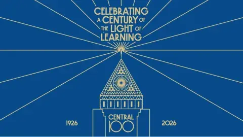 Central 100 graphic, blue with yellow fine line illustration of the Central library and text "Celebrating a century of light and learning 1926-2026"