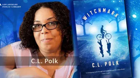 Author C.L. Polk and her book Witchmark.