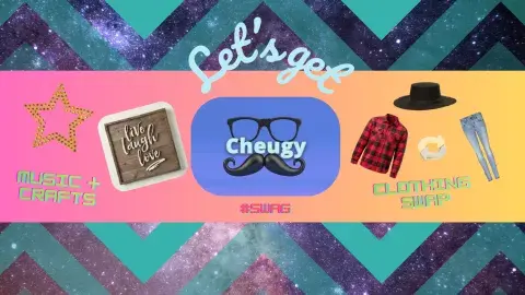 2010s themed artwork illustrating a clothing swap, crafts, and the text "Let's get cheugy". and 