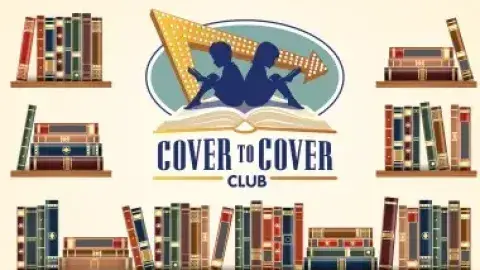 Cover to Cover Club logo surrounded by colorful illustrated books.