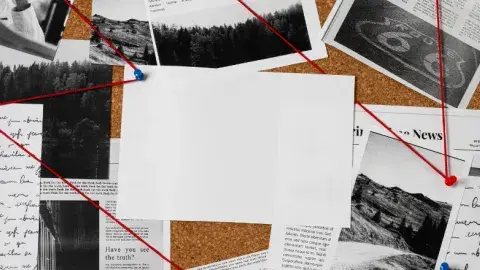 A light brown bulletin board has black and white documents pinned to the board with a red string connecting them. 