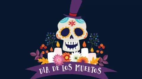 Illustration of white skull with a purple top hat. The skull is painted with flowers and is surrounded by candles and flowers.