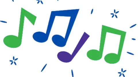 Green, blue, and purple musical notes float on a white background with blue decorative marks.