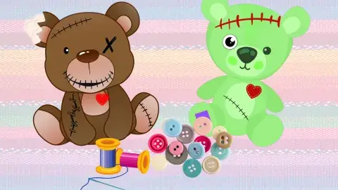 Two zombie teddy bears on a ranibow background with sewing supplies and buttons in the foreground. 