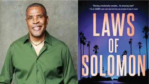 An African American man next to the cover for the book Laws of Solomon