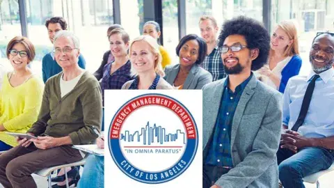 Adults of various ages and ethnicities seated listening to a lecture. The logo for the City of Los Angeles Emergency Management Department is included.