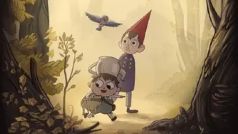 Poster for show. Contains older boy and younger boy walking through a spooky forest together. The younger boy is holding a frog, and a bird flies behind them.