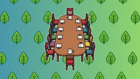 a pixel art rendering of a conference table with meeting supplies over a background of leaves and a gradient in the colors of the palisades library bungalows