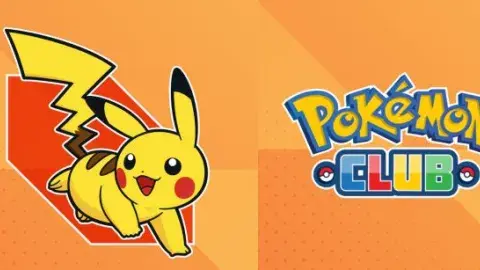 a pikachu runs against an orange background and the words "Pokemon Club" are written in colorful letters