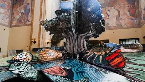 World's largest pop-up book, with page open to tree and turtle
