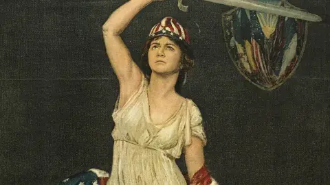 detail from painting of woman holding a sword with American flag wrapped around her body