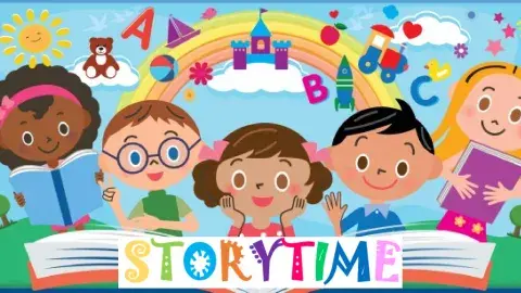graphic with five children above a big book with a rainbow in the background