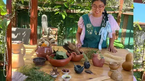 person with ceramic pots and plants