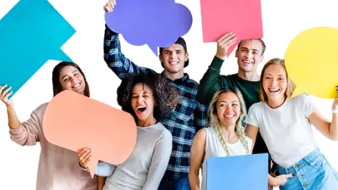 multiple teens holding colored text bubbles