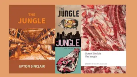 Four different covers of The Jungle by Upton Sinclair on a tan background