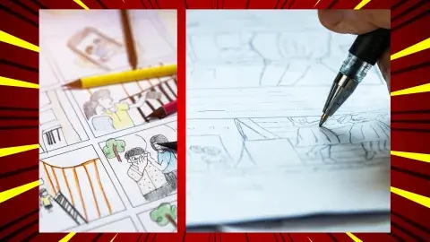 Two photos of drawing comics on a red, black, and yellow background