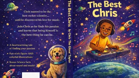 Book cover for The Best Chris, featuring a child DJing in a colorful space scene.