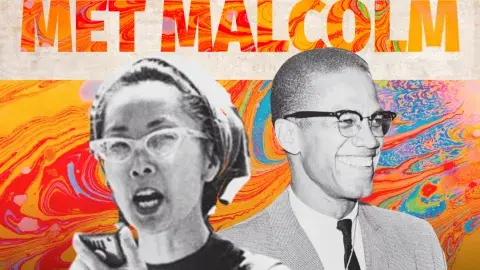 Black and white photographs of Malcolm X an Yuri Kochiyama imposed over background and logo for the play "When Yuri Met Malcolm"