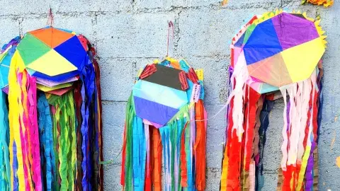 Guatemalan barriletes, or paper kites, made in various colors of craft tissue paper and geometric shapes.