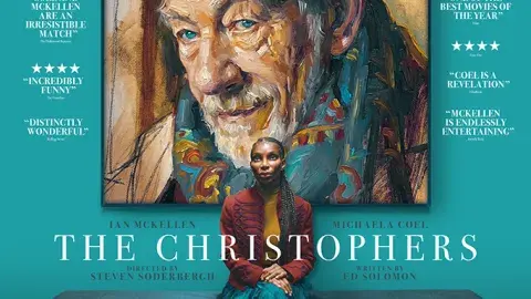 Movie poster of the movie shows a woman sitting on a bench in front of a painting