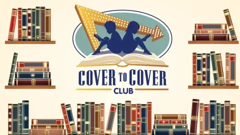 Graphic for a reading program titled “Cover to Cover Club.” The center features two children sitting back-to-back reading books, with a large illuminated arrow behind them. Illustrated stacks and shelves of colorful books surround the design.