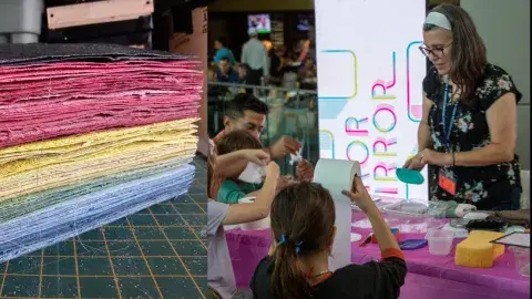 Image shows a stack of rainbow colored homemade paper with another image of the presenter teaching children to make paper.