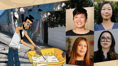illustration of person making cement in a wheel burrow, with portraits of authors and filmmakers
