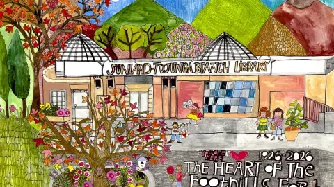 Art by Sharon Nullmeyer (Nullsie) depicting the Sunland-Tujunga Library with happy patrons and surrounded by the natural environment