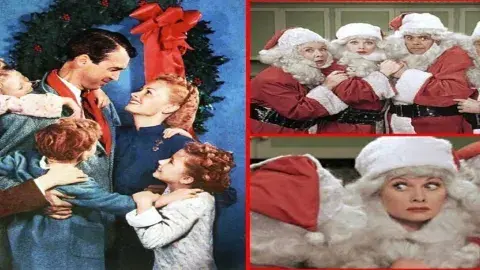 Men and women embracing and dressed as Santa Claus