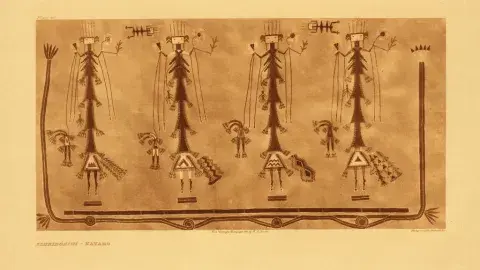 Navajo sandpainting in beige and light brown with four long vertical figures and four short vertical figures.