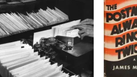 Letters running through a postal machine next to the cover of The Postman Always Rings Twice