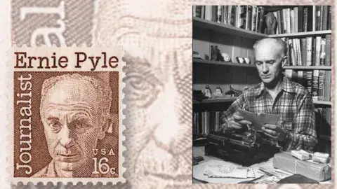 Ernie Pyle postage stamp next to Ernie Pyle using a typewriter.