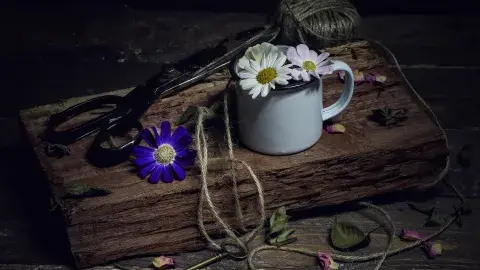 scissors on a block of wood with twine and a blue flower.