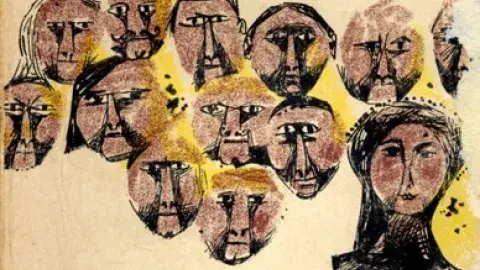 various sketched faces of men and women