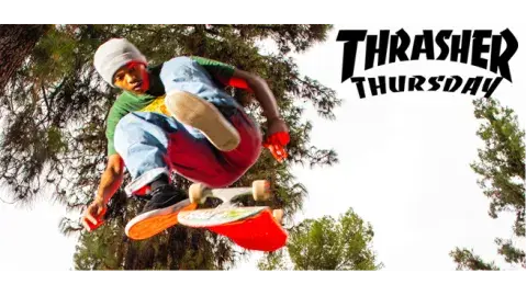 Person skateboarding with the text "Thrasher Thursday"